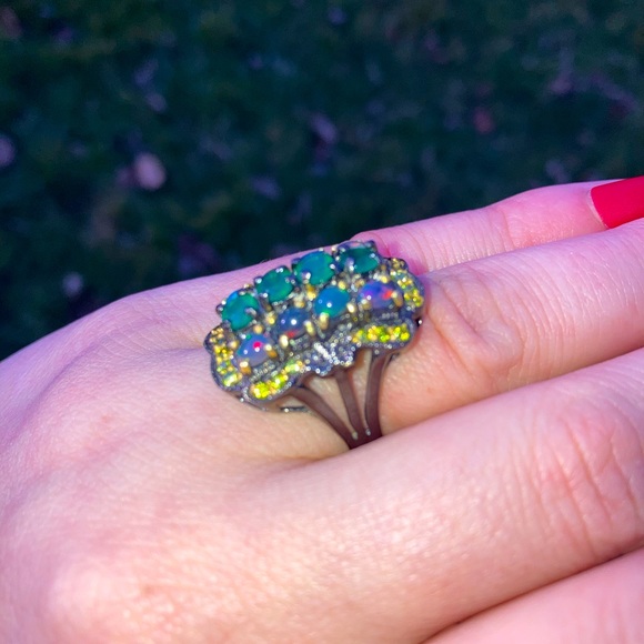 Vintage Art Deco Style Green Onyx & Opal Cluster Ring Sz 6 925 Silver Gold - Picture 3 of 8